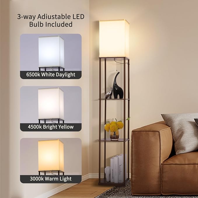 Gupuzm Floor Lamp with Shelves, Modern Square Standing Lamp with 3 Color Temperature Bulb, Corner Display Bookshelf Lamp for Living Room, Bedroom and Office(Brown-2 Pack) - Image 2