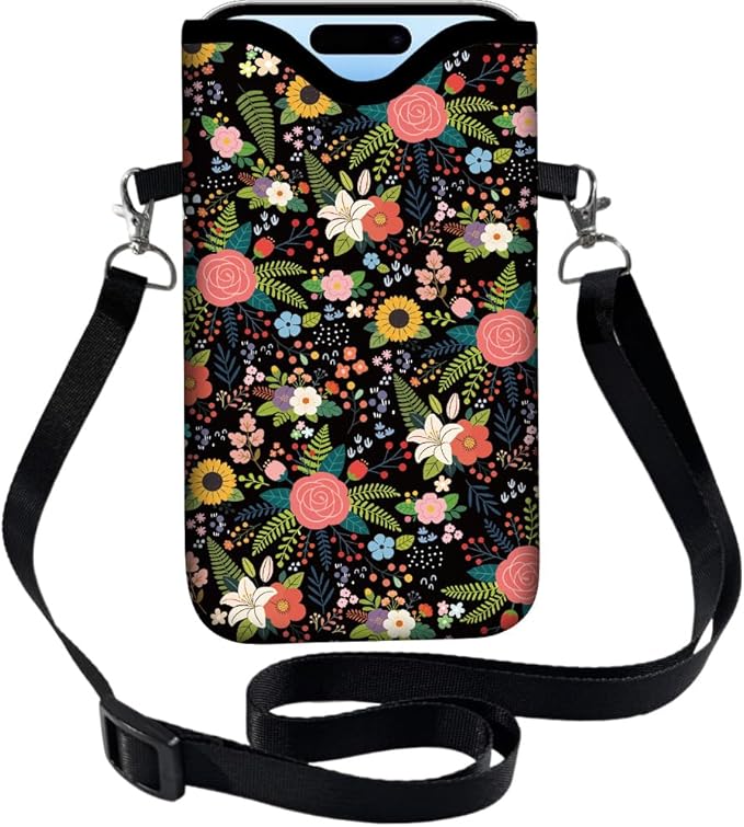 Floral Neoprene Phone Sleeve Pouch with Adjustable Strap Neck Lanyard Fits Most Smartphones, Phone Sleeve Cute Waterproof Crossbody Carrying Cellphone Case Bag for Women 7.1 x 3.9 Inch by PRESSINART