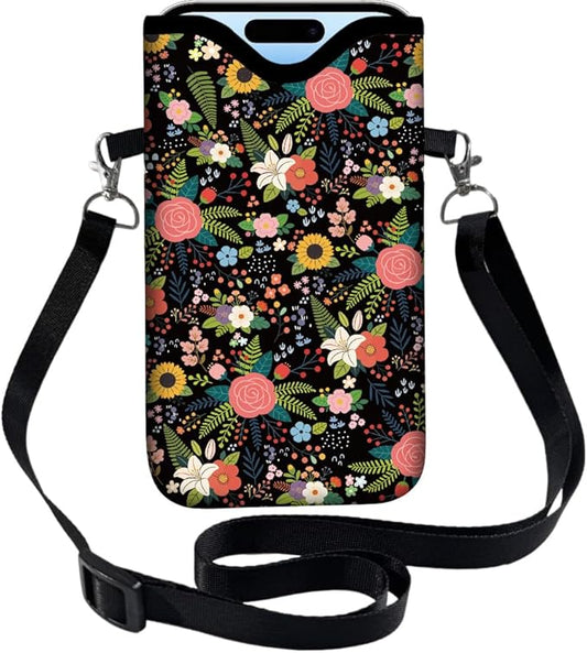Floral Neoprene Phone Sleeve Pouch with Adjustable Strap Neck Lanyard Fits Most Smartphones, Phone Sleeve Cute Waterproof Crossbody Carrying Cellphone Case Bag for Women 7.1 x 3.9 Inch by PRESSINART