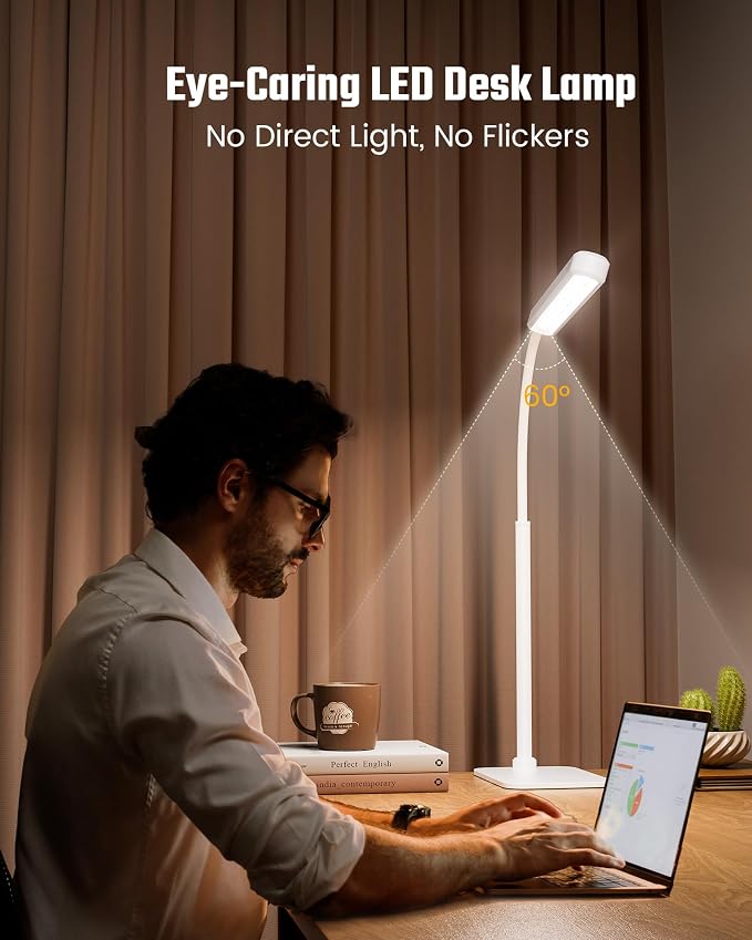 SUPERDANNY Eye-Caring LED Desk Lamp with Base 360° Flexible Gooseneck Work Lamp Touch Control 3 Light Colors Smooth Dimming Task Lighting Reading Light for Home Office College Dorm, White - Image 2