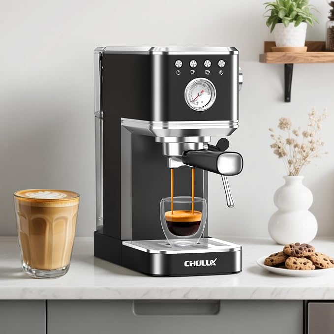 CHULUX Slim Espresso Machine with Milk Frother for Home Cappuccino, Black | Precise Pressure Gauge, Food-Grade Materials, 20 Bar Italian Pump, Professional Temperature Control System, Stainless Steel - Image 5