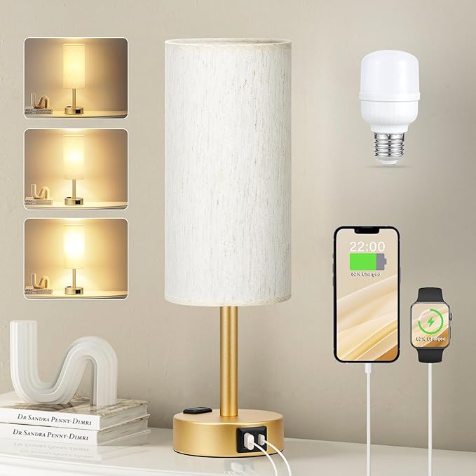 Fenmzee Gold Nightstand Bedroom Lamp - 3 Way Dimmable Bedside Lamp USB C A Charging Ports and AC Outlet, Small Table Lamp Linen Lampshade for Office Desk, LED Bulb Included by Fenmzeelighting
