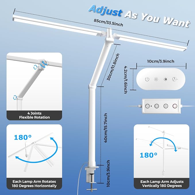 Airlonv LED Desk Lamp, Double Swing Arm Wide Lighting Area Desk Lamps for Home Office with Stepless Dimming, Eye-Caring Architect Desk Light with Clamp for Reading, Study, Workbench, Drafting(White) - Image 3
