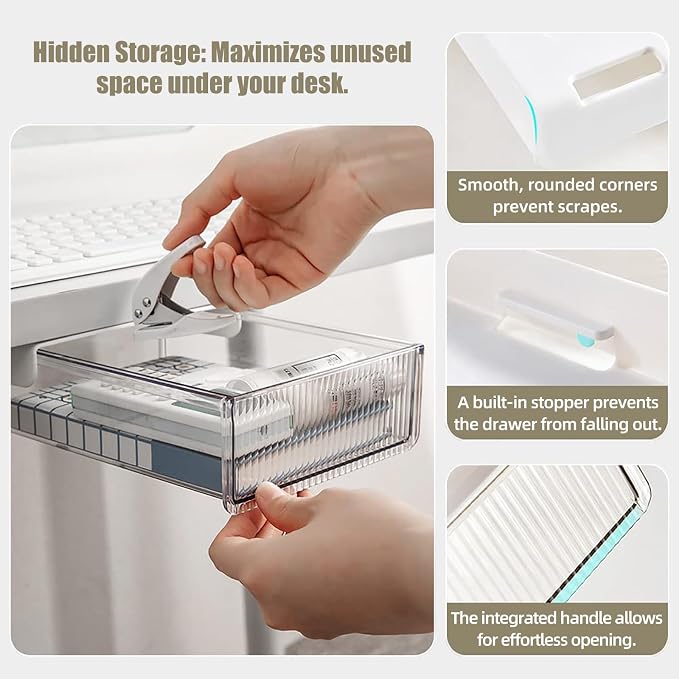 2Pcs Under Desk Storage Drawers Slide Out,Large&Medium,Stick On Drawers,Under Desk Organizer Hidden Under Table Drawer for Home Office School Organization and Storage-Clear White - Image 8