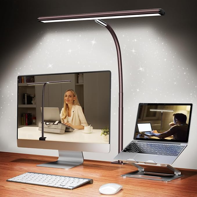 Airlonv LED Desk Lamp for Office Home, Eye-Caring Desk Light with Stepless Dimming Adjustable Flexible Gooseneck, 10W USB Adapter Desk Lamp with Clamp for Reading, Study, Workbench (Brown) by Airlonv
