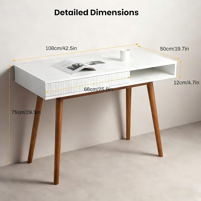 Artswish White Wood Desk with Drawer, 42" Mid Century Modern Writing Desk | Soild Wood Legs, Reinforced Structure, Drawer & Open Cubby Storage, Built-in Cable Management Hole for a Clean Workspace - Image 3