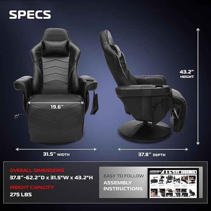 Respawn 900 Gaming Recliner Chair with Footrest, Cup Holder and Swivel | Ergonomic gaming recliner with footrest, cup holder, lumbar support, 135° recline & 360° swivel for console gaming - Image 2