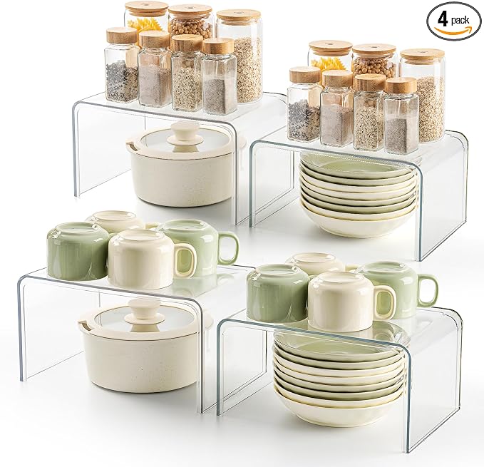 Bobomoment Clear Cabinet Organizer, Stackable Shelf Organizer Set of 4 | Kitchen Pantry Organizers and Storage, Display Cabinet Shelf Countertop Desk Shelves, Patented Spice Organization by BobomomentHome