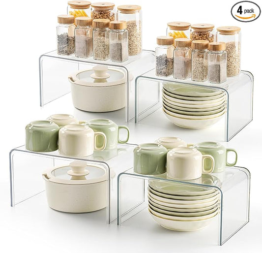 Bobomoment Clear Cabinet Organizer, Stackable Shelf Organizer Set of 4 | Kitchen Pantry Organizers and Storage, Display Cabinet Shelf Countertop Desk Shelves, Patented Spice Organization by BobomomentHome