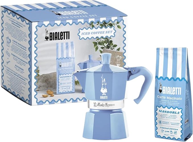 Bialetti Moka Express 3 Cup Light Blue & Almond Ground Coffee Gift Set – Stovetop Espresso Maker with 250g Caffe Macinato Mandorla, 80% Arabica 20% Robusta Medium Dark Roast, Made in Italy by Bialetti