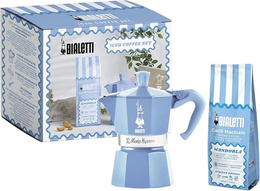 Bialetti Moka Express 3 Cup Light Blue & Almond Ground Coffee Gift Set – Stovetop Espresso Maker with 250g Caffe Macinato Mandorla, 80% Arabica 20% Robusta Medium Dark Roast, Made in Italy by Bialetti