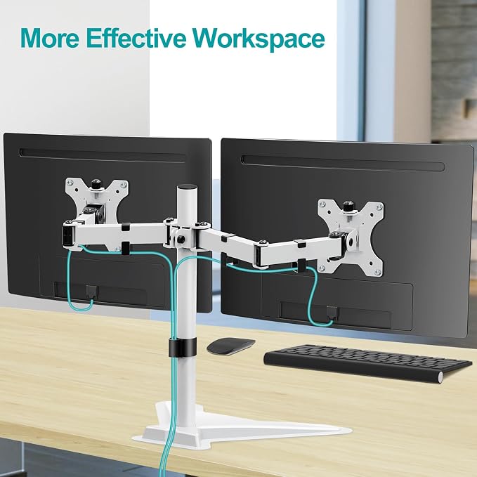 MOUNT PRO Dual Monitor Stand, Free-Standing Full Motion Monitor Desk Mount Fits 2 Screens up to 27 inches,17.6lbs with Height Adjustable, Swivel, Tilt, Rotation, VESA 75x75 100x100,White - Image 8