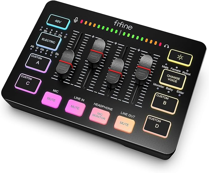 FIFINE Gaming Audio Mixer, Streaming RGB PC Mixer with XLR Microphone Interface, Individual Control, Volume Fader, Mute Button, 48V Phantom Power, for Podcast/Recording/Vocal/Game Voice-AmpliGame SC3 | USB PnP For PC,Mute Button,XLR Preamp,RGB,Voice ch... by FIFINE