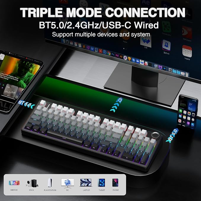 AULA F99 Pro Wireless Mechanical Keyboard with Knob,Gasket Structure,Tri-Mode BT5.0/USB-C/2.4GHz Hot Swappable Keyboard,Creamy Sound,RGB Backlit PBT Keycaps Computer Gaming Keyboards - Image 3