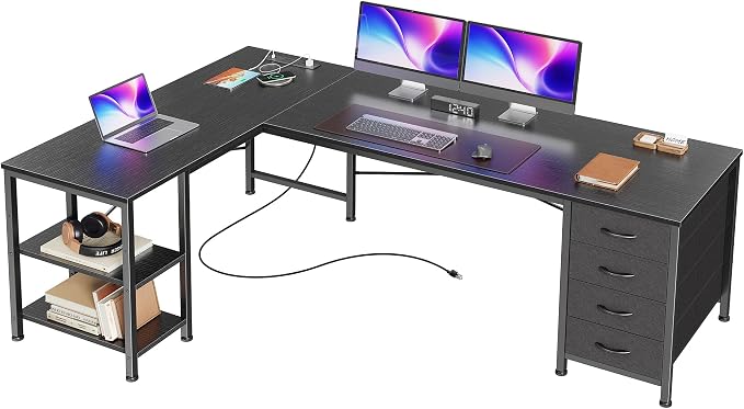 Huuger 55 Inch L Shaped Desk with Fabric Drawers, Reversible Computer Gaming Desk with Power Outlets and USB-C Port, Adjustable Side Storage Shelves, for Work Study Corner Home Office, Black by Huuger