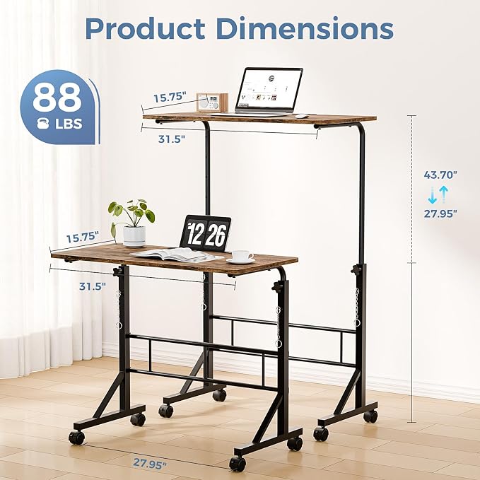 DUMOS 31.5" Walking Pad Desk, Laptop Desk, Home Office | Lockable Wheels, Adjustable Height, Portable Rolling Design, Treadmill Use, Stand Up Style, Rustic Brown - Image 2