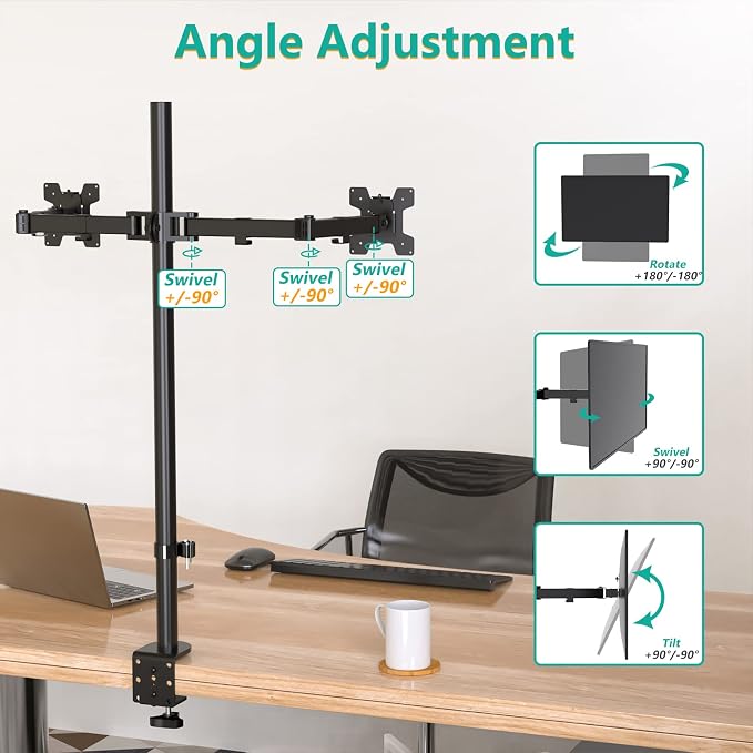 WALI Extra Tall Dual LCD Monitor Fully Adjustable Desk Mount Fits 2 Screens up to 27 inch, 22 lbs. Weight Capacity per Arm (M002XL), Black - Image 7
