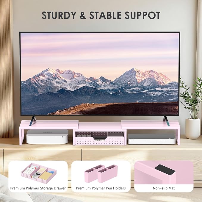OPNICE Desk Organizers and Accessories, Dual Monitor Stand Riser with Drawer and 2 Pen Holders, Desk Shelf Metal Computer Racks for Office Workspace Organizers, Desktop Organization (Pink Metal) - Image 8
