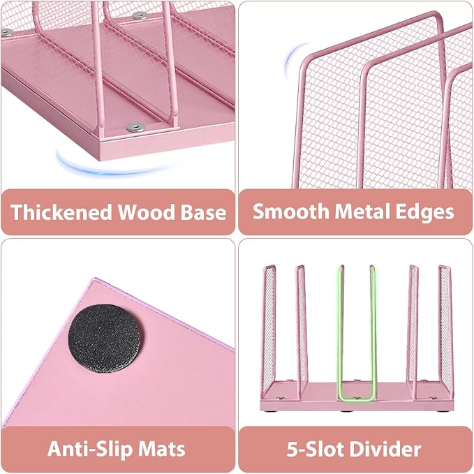 LEKETREE Small Desk File Organizer, 5-Section Upright File Sorter, Vertical File Folder Holder, Mesh Metal Wood Office Desktop Organization for Document, Magazine, Books and more (Pink) - Image 5