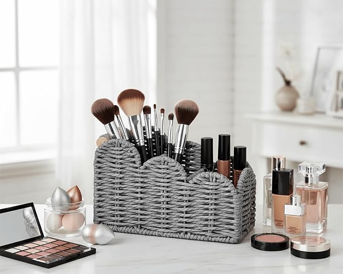 CubesLand Bedside Table Desk Organizer Caddy, Remote Pen&Pencil Holder Cup | Makeup Brush Holder w/Scalloped Perfect for Home, Office Desk, Living Room Table Decor, 3 Slots Grey - Image 4