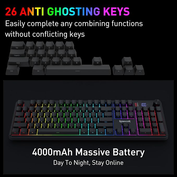 Redragon K526 PRO Wireless RGB Membrane Gaming Keyboard, LED Screen & Knob | See Battery, Mode & Time at a Glance, 0-Delay Tri-Mode, One-Touch Backlit & Media Adjust, 26-Key Anti-Ghost for Combo-Strike - Image 7