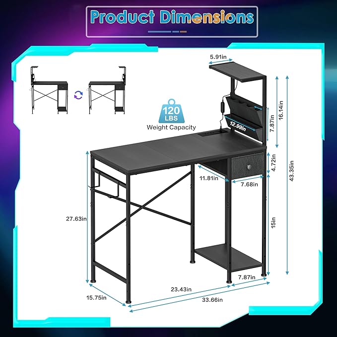 33.7 Inch Small Gaming Desk Table with LED Lights & Power Outlets, Compact L Shaped Gaming Computer Desk with CPU Stand, Drawer & Storage, Corner PC Desk for Kids, Home Office , Bedroom, Black - Image 2