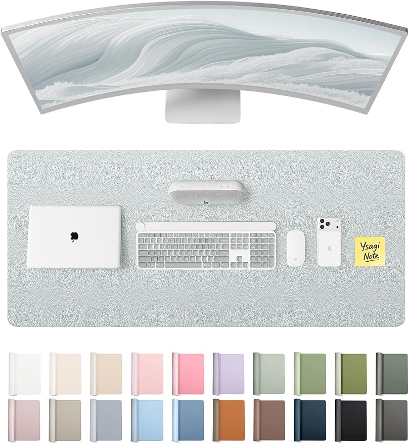 YSAGi Leather Desk Pad Protector, Office Desk Mat, Large Mouse Pad, Non-Slip PU Leather Desk Blotter, Laptop Desk Pad, Waterproof Desk Writing Pad for Office and Home (Silver, 47" x 17") by YSAGi