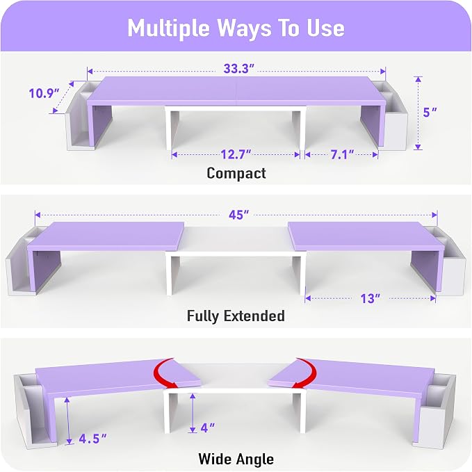 Simple Houseware Desk Dual Monitor Stand Riser with Drawer, Purple | Customizable Organizer Tray, Built-In Phone & Tablet Slot and Side Storage - Image 3