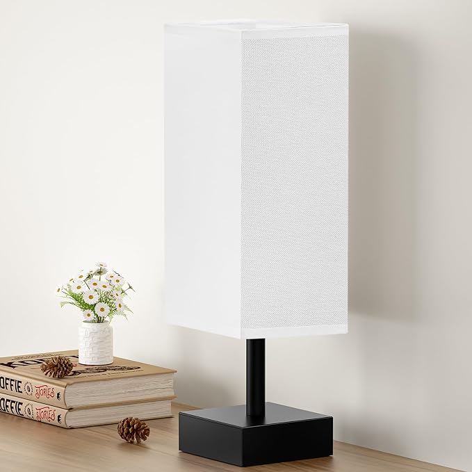 aooshine Small Bedside Table Lamp for Bedroom - Square White Fabric Shade | Inline Rocker Switch, Corded Electric, Bulb Not Included, 12.8" Mini Table Lamp for Nightstand, Desk, Dorm, Office by Aooshine
