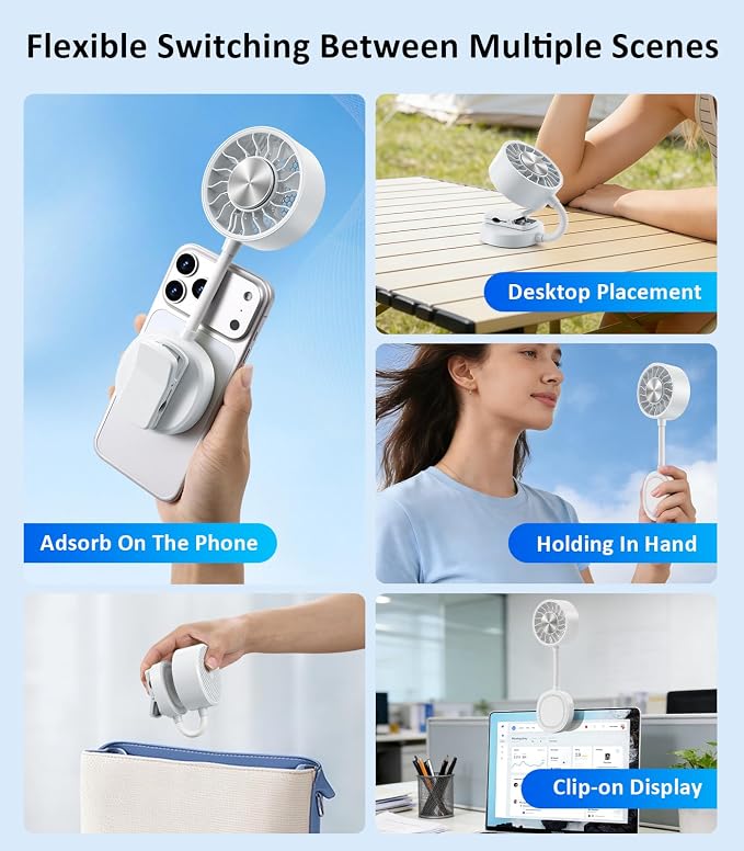 Magnetic Phone Fan with Ice Cooling, 3-in-1 Clip on Fan & Phone Stand, Rechargeable Mini Handheld Fan, 360° Flexible Gooseneck Portable Fan for Cruise Travel Desk Gym Makeup（White） - Image 2