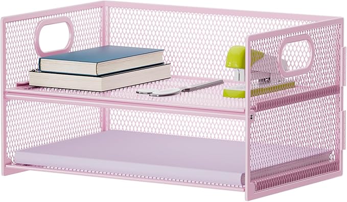 Marbrasse 2 Tier Paper Organizer Letter Tray, Mesh File Organizer with Handle, Paper Sorter Desk Organizer for Home Office Supplies - Pink by Marbrasse