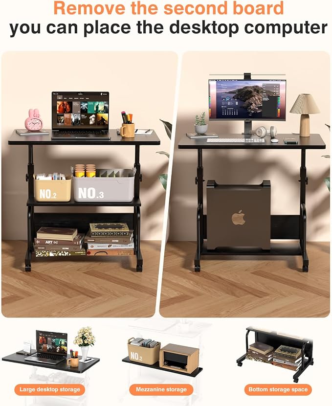 QZMDSM Portable Rolling Desk on Wheels Adjustable Height Desks for Small Spaces, 32" Computer Desk Drafting Tables with Storage Shelves for Home Office Black - Image 7
