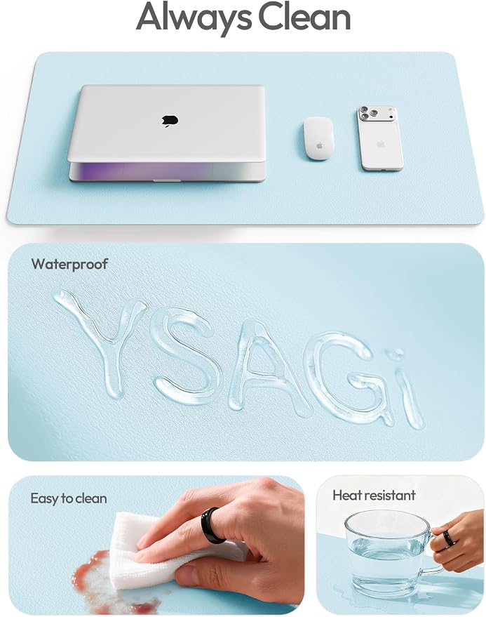 YSAGi Leather Desk Protector, Office Mat, Large Mouse Mat, Non-Slip PU Leather Blotter, Laptop Pad, Waterproof Writing Pad for Office and Home (Baby Blue, 35.4" x 17") - Image 7