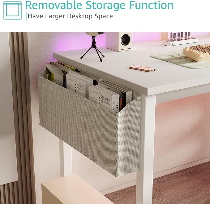 Lufeiya White Computer Desk with Power Outlet, 47 inch Teen Study Table Home Office Work Writing Gaming Desks with Charging Station Outlets Built in, White - Image 5
