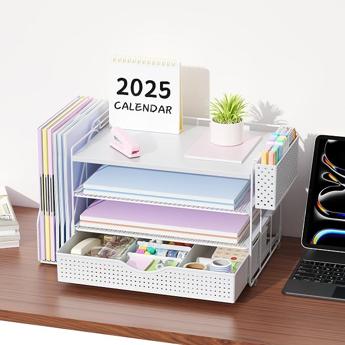 gianotter Wood Desk Organizers and Accessories with File Holder, 4-Tier Desk Accessories & Workspace Organizers with Drawer and Pen Holder, Desk Reference Organizer (White, 4T with Drawer) - Image 5