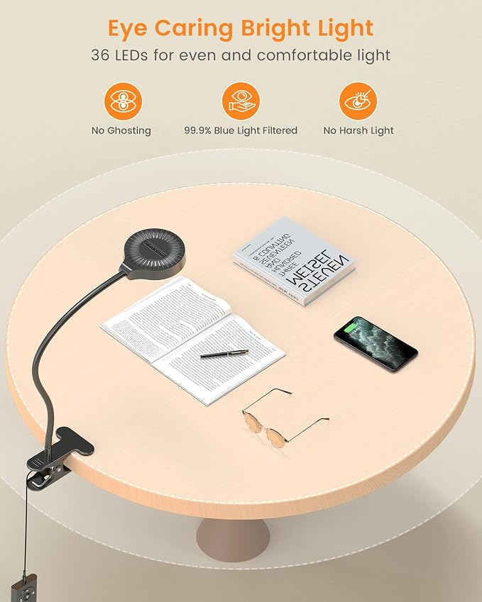 Glocusent 5W Desk Lamp with Remote, 3 Colors & 5 Brightness Reading Lights | Flexible Gooseneck Clip on Lamp, 30-Min Timer Reading Lamp, Perfect Clip on Light for Bunk,Bed,Headboard,Table,Work,Craft - Image 3