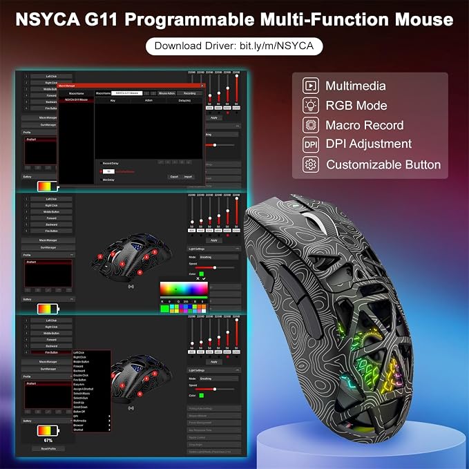 G11 Lightweight Wireless Gaming Mouse for FPS & Competitive Gaming, Tri-Mode Bluetooth 5.1/2.4GHz/USB-C, 22000 DPI RGB Mouse with Programmable Buttons for PC, Laptop & Mac - Image 8