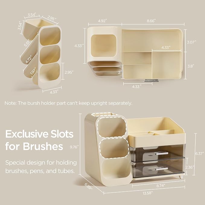 HBlife Makeup Organizer with Brush Holder for Vanity, Large Plastic Bathroom Countertop Organizer Skin Care Storage, Easy to Store Lipsticks, Nail Polishes, Perfumes, Eyeshadow Palettes, Beige - Image 4