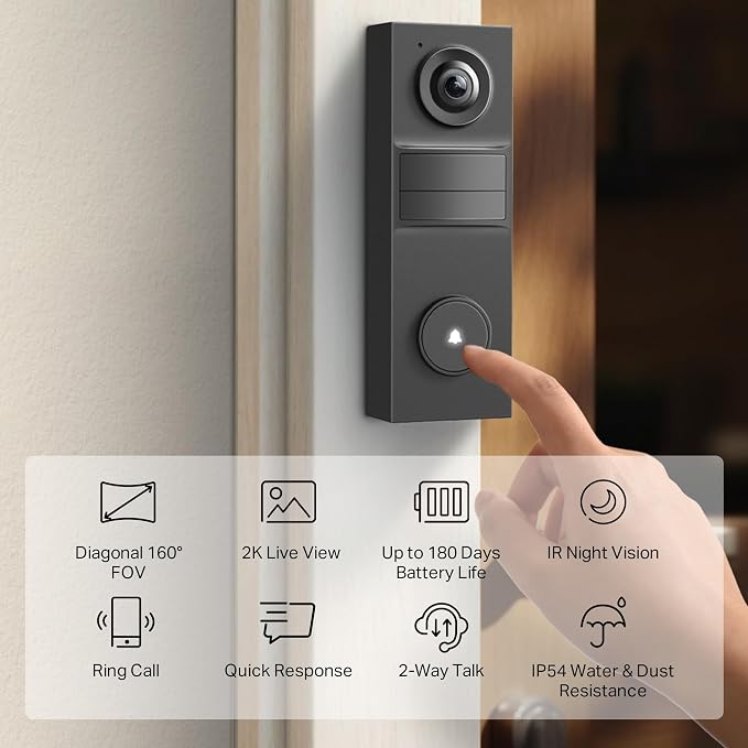 Tapo 2K Wireless Smart Video Doorbell - 160° Ultra-Wide View, Person Detection, 2-Way Talk, Ring Call, Night Vision, Subscription-Free Local Storage or Optional Cloud, D205 - Image 2