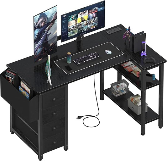 Lufeiya L Shaped Gaming Desk with Power Outlet, 47 Inch Reversible Corner Computer Desk with Drawers & Storage Shelves for Home Office Bedroom, L-Shaped Teen PC Desks with Fabric Drawer, Black by LUFEIYA