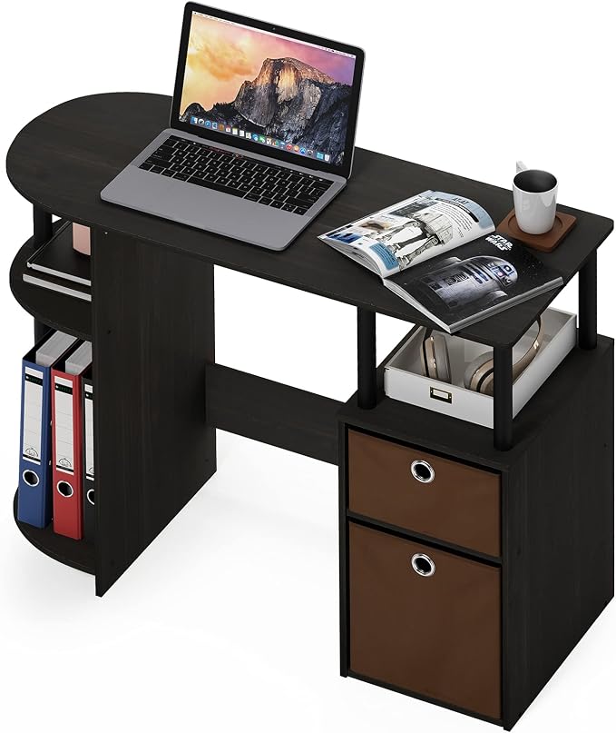 Furinno JAYA Desk, 38.4" Wide Gaming Desk with Bin Drawers, Computer Desk with Side Shelf, Office Desk for Study, Home Office, Bedroom, Dorm, Study Room, Espresso - Image 6