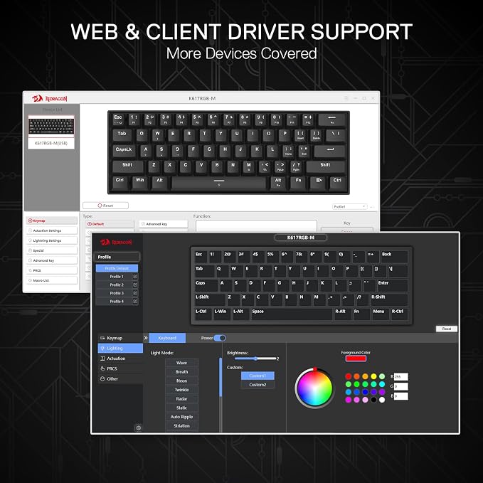 Redragon K617 HE Wired Hall-Effect Rapid Trigger Magnetic Gaming Keyboard | 8K Polling Adjustable Actuation, 61 Keys Design for More Room to Aim, Swap-Ready Socket for Mod, RGB Pro Software Supported - Image 7