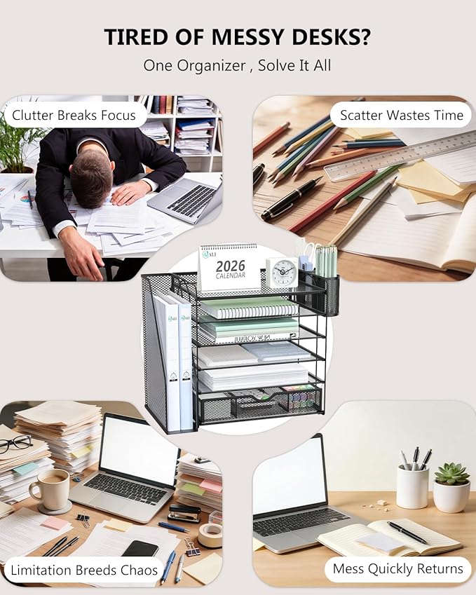 WALI Desk File Organizer, 6 Tier Desktop Paper Letter Tray Organizer with Drawer and 2 Pen Holders, Office Desk Accessories & Workspace Organizers for Office, Home Supplies(DO007DH-B), 1 Pack, Black - Image 3