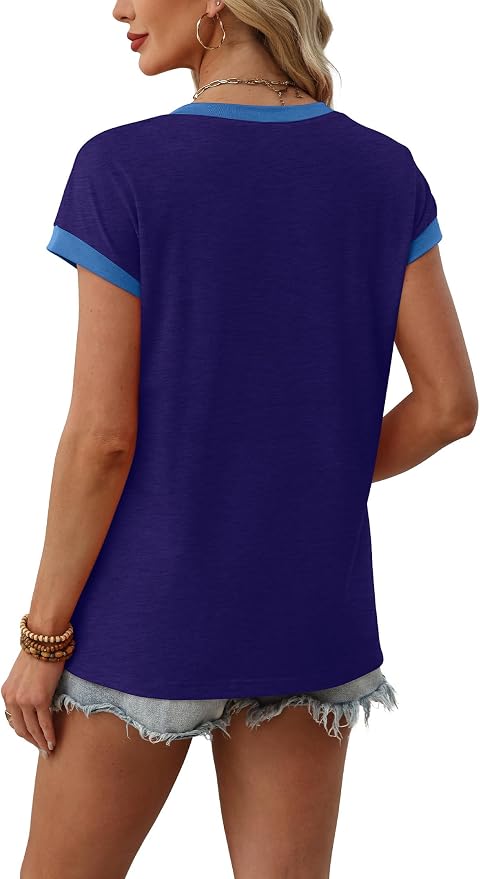 WIHOLL Womens Summer Tops 2026 Cap Short Sleeve Shirs V Neck T Shirts Fashion Beach Vacation Clothes Color Block - Image 5
