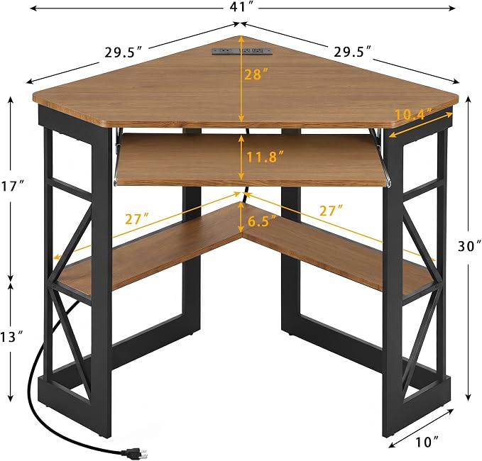 VECELO Corner Desk, Triangle Computer Desk for Small Space with Charging Station and Keyboard Tray, Corner Makeup Table with Storage Shelves for Home Office Bedroom, 41x30, Light Walnut - Image 3