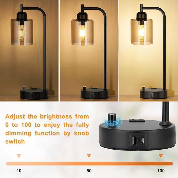Industrial Bedside Lamps for Nightstand Set of 2 - Fully Dimmable Bedroom Lamps with USB A C Ports and Outlet, Black Table Lamps with Amber Glass Shade for Living Room, Desk Lamps for Office Reading - Image 2