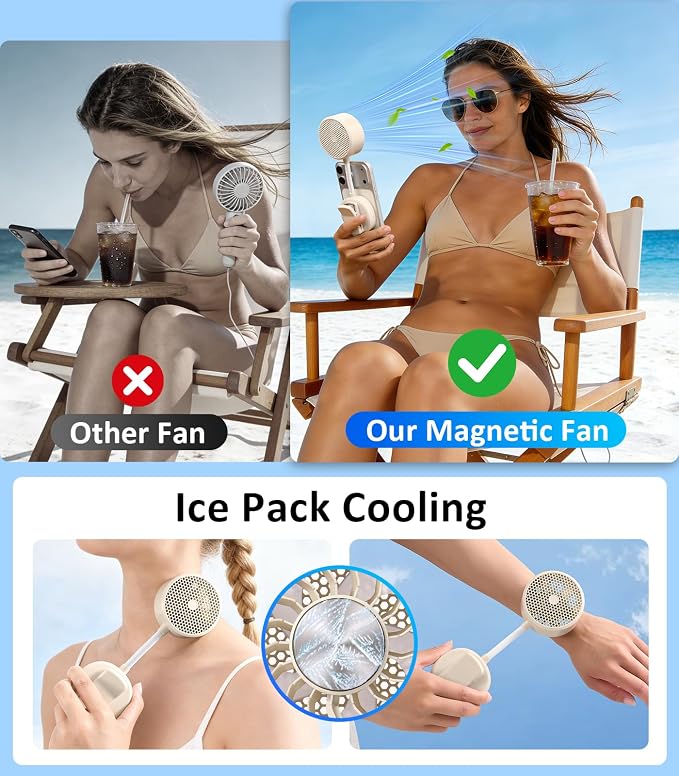 Magnetic Phone Fan with Ice Cooling, 3-in-1 Clip on Fan & Phone Stand, Rechargeable Mini Handheld Fan, 360° Flexible Gooseneck Portable Fan for Cruise Travel Desk Gym Makeup,（Beige） - Image 5