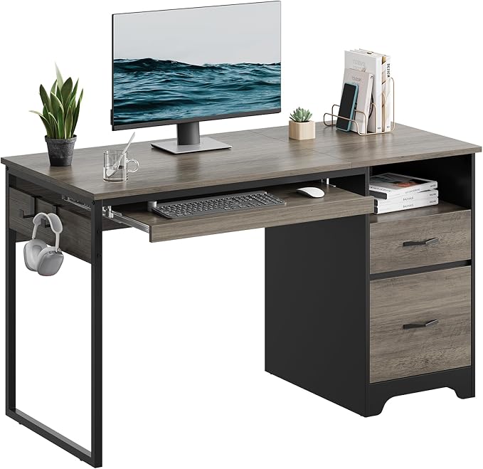 Bestier 48” Computer Desk with Drawers, Office Desk with Storage, Industrial Wood Writing Desk with File Drawer, Keyboard Tray & 2 Hooks for Home Office & Studio, Gray by Bestier