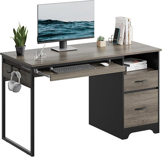 Bestier 48” Computer Desk with Drawers, Office Desk with Storage, Industrial Wood Writing Desk with File Drawer, Keyboard Tray & 2 Hooks for Home Office & Studio, Gray by Bestier