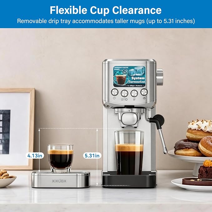 XIXUBX Cold Brew Espresso Maker with Steam Wand for Home & Office | Precise Pressure Gauge, 20 Bar Pump, 42 oz Water Tank, Milk Frothing Pitcher for Cappuccino & Latte, Brushed Stainless Steel - Image 7